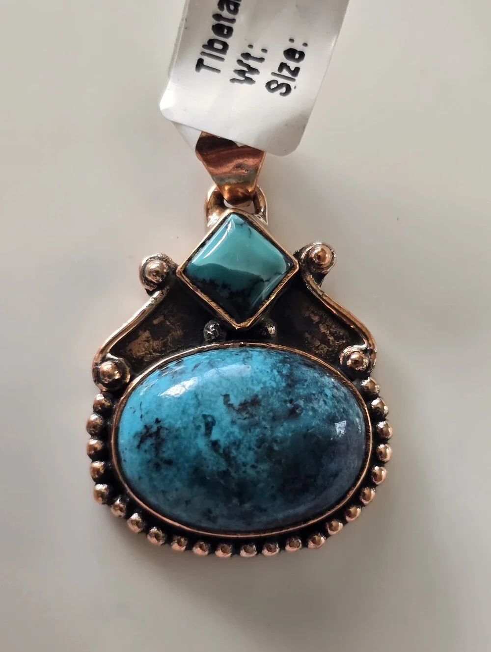 Tibetan Turquoise Pendant In Copper, Southwestern